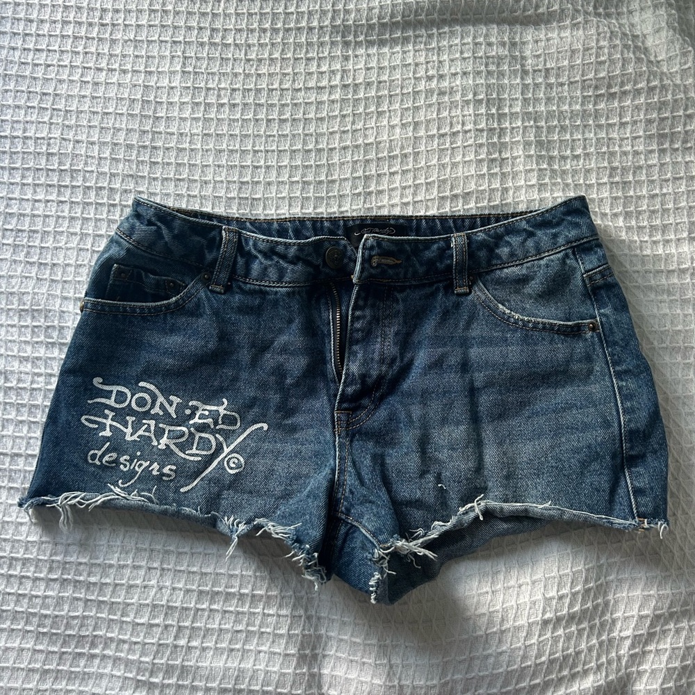 Ed Hardy Women's Distressed Blue Jean Shorts
